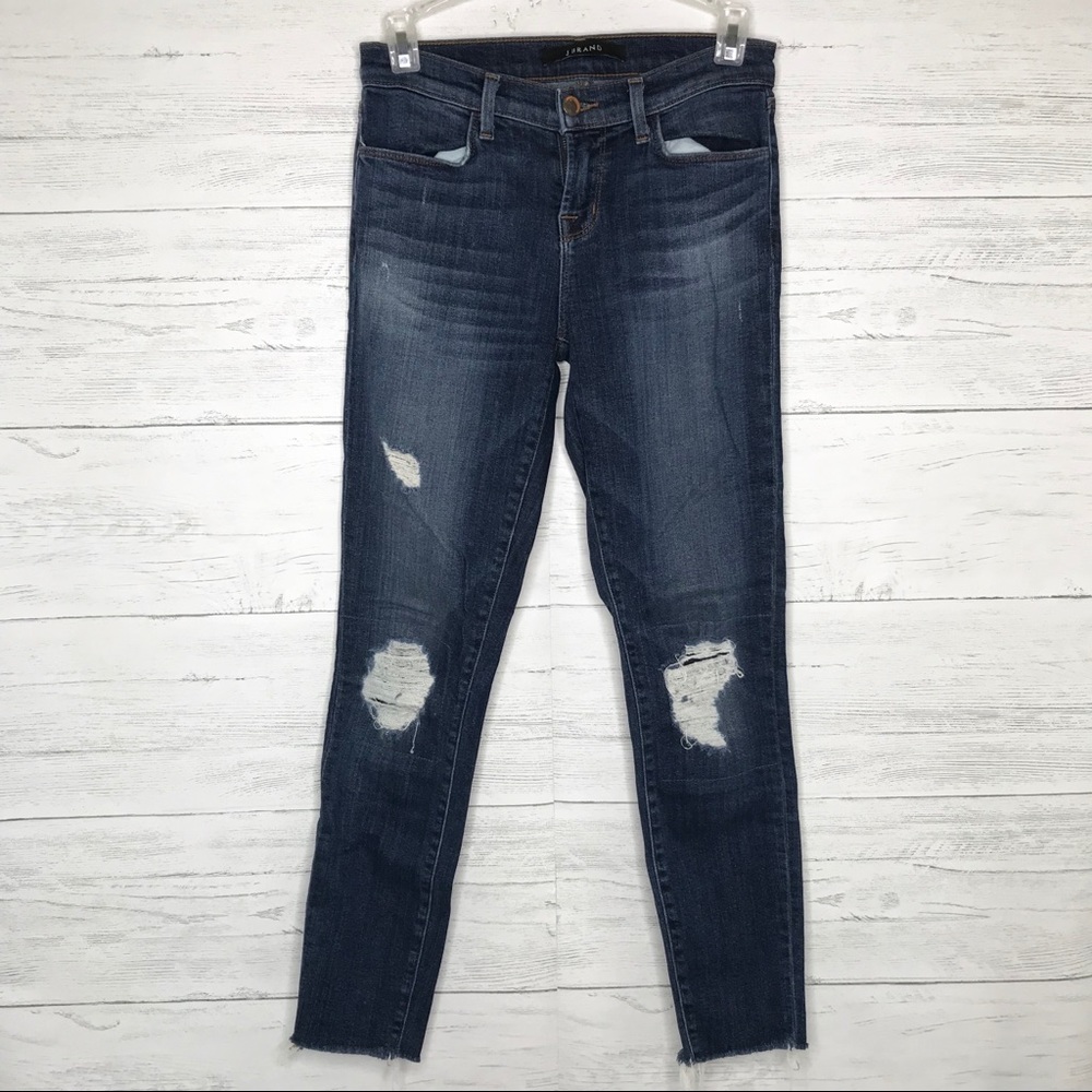 J Brand Mid Rise Skinny Jeans Distressed Dark Blue